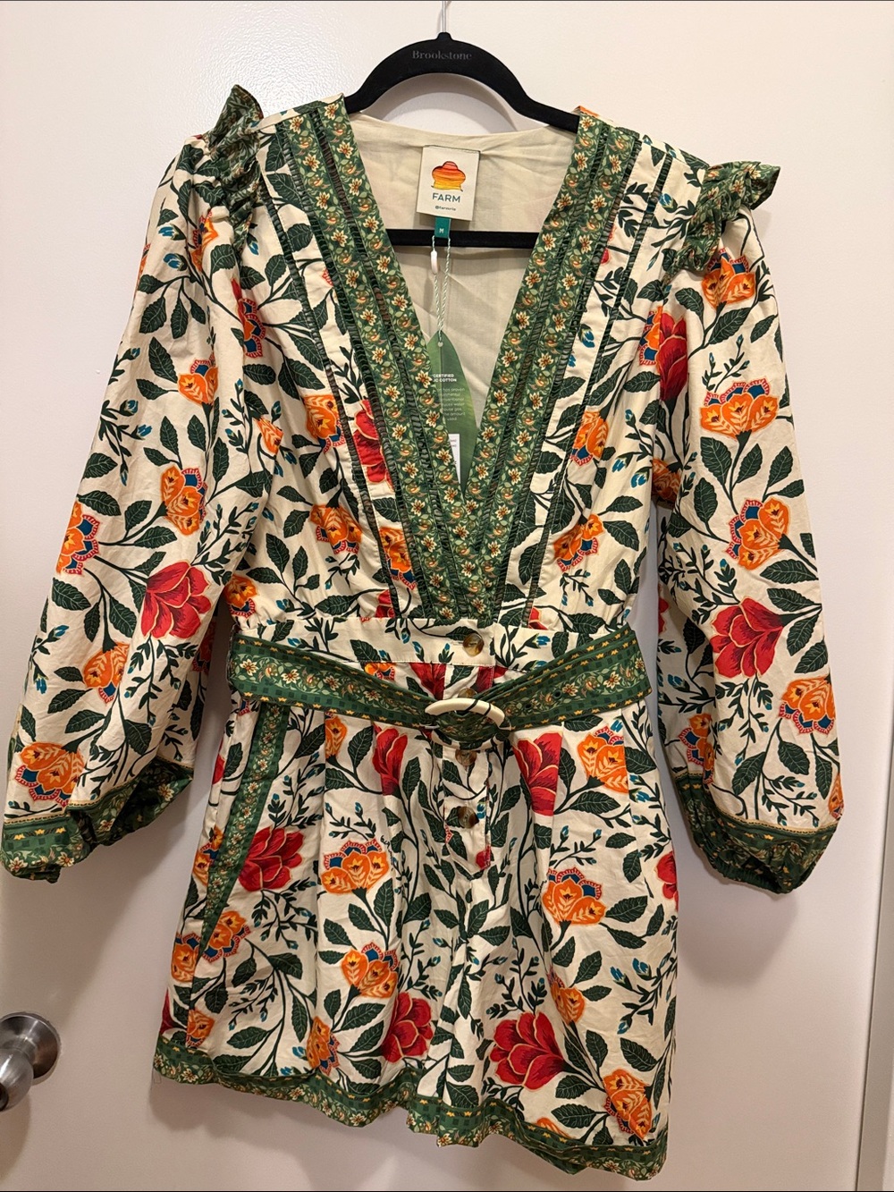 FARM Rio Romper with Orange and Red Floral Print and Green Trim